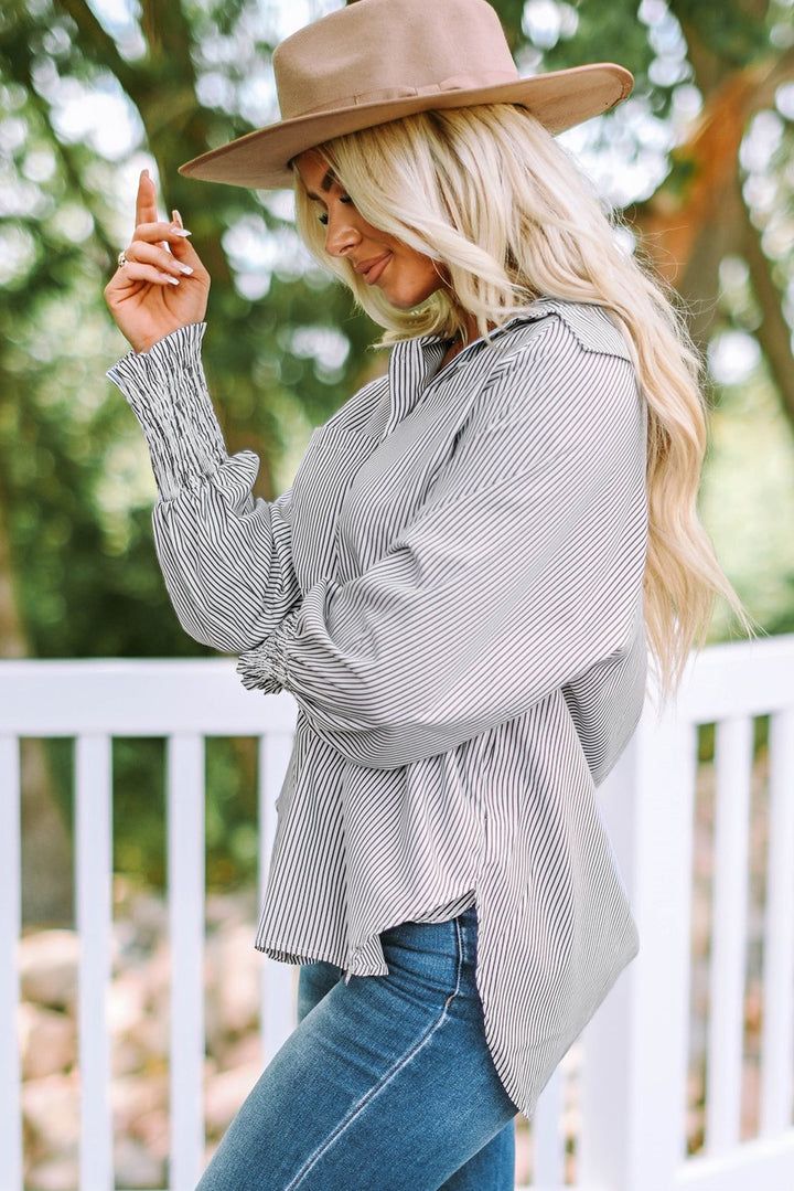 The AuraFlow Striped Lapel Shirt - Oversized Drawdown Sleeves, Mid-Length Fit, + 50% OFF