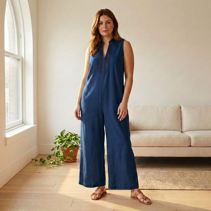 Terraveil™ – Embroidered V-Neck Cotton-Linen Wide-Leg Jumpsuit + 50% OFF