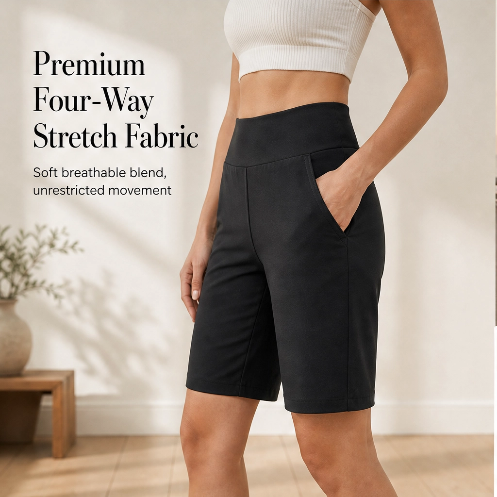 Strydae™ – High-Rise 4-Way Stretch Knee-Length Walking Shorts with Deep Pockets + 50% OFF
