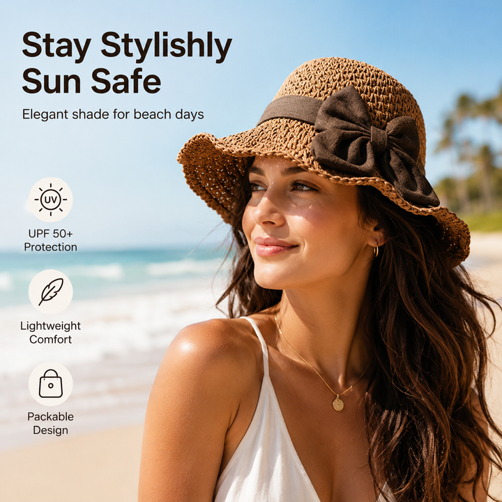 Brimwell™ – Adjustable Wide-Brim Packable Straw Sun Hat with Bow + 50% OFF