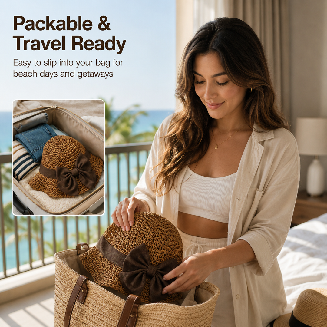 Brimwell™ – Adjustable Wide-Brim Packable Straw Sun Hat with Bow + 50% OFF