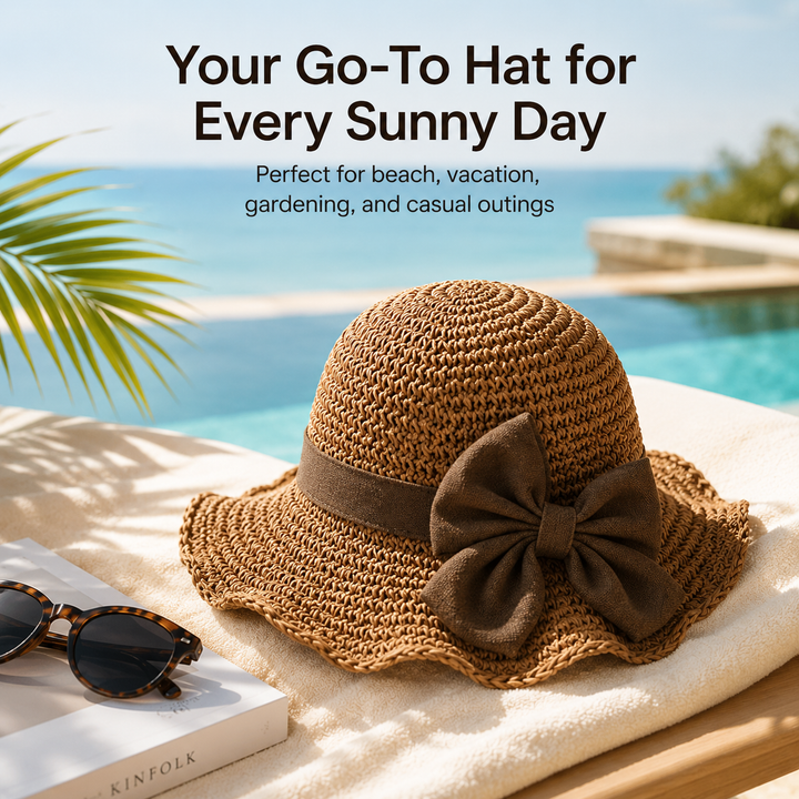 Brimwell™ – Adjustable Wide-Brim Packable Straw Sun Hat with Bow + 50% OFF