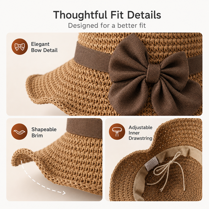 Brimwell™ – Adjustable Wide-Brim Packable Straw Sun Hat with Bow + 50% OFF