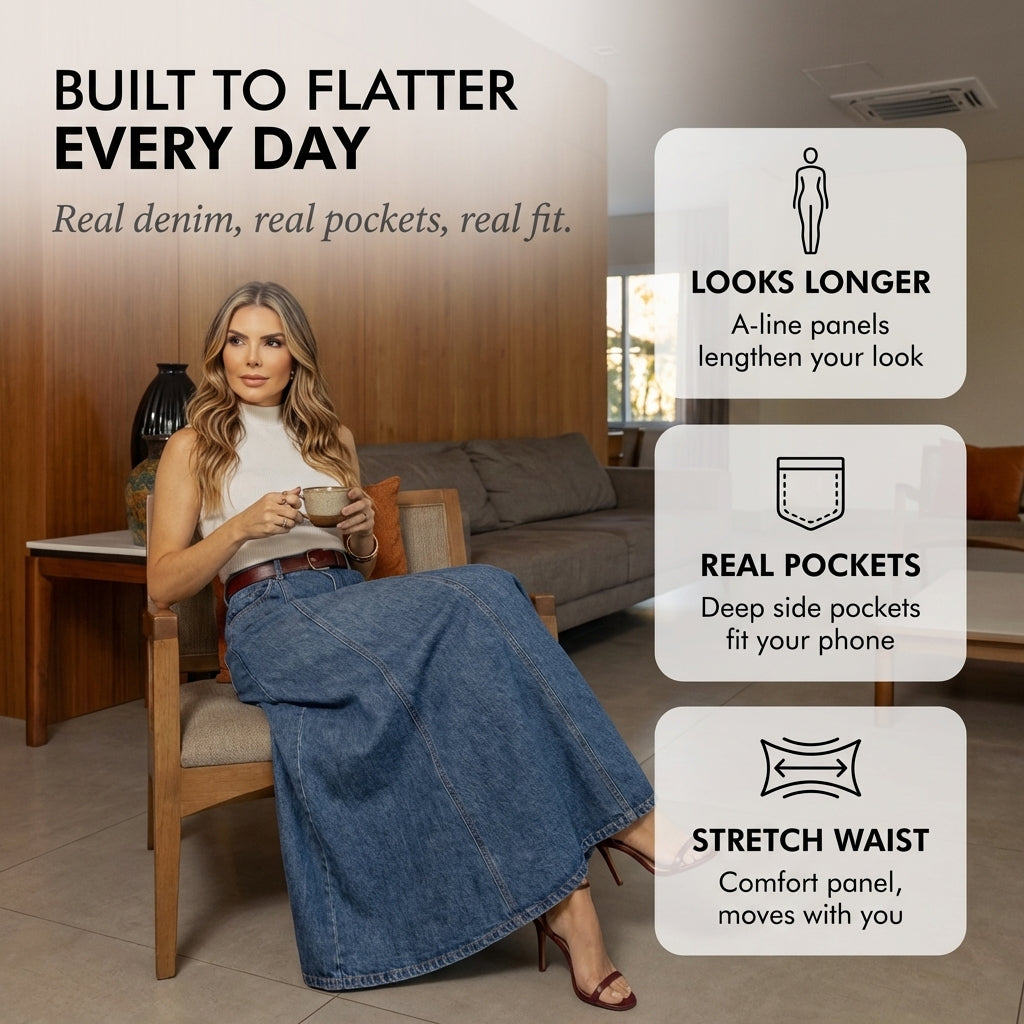 Selvedge™ – A-Line Flattering Denim Maxi Skirt | Lengthening Silhouette, Real Pockets, S–2XL + 50% OFF