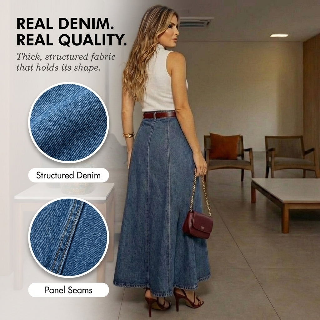 Selvedge™ – A-Line Flattering Denim Maxi Skirt | Lengthening Silhouette, Real Pockets, S–2XL + 50% OFF