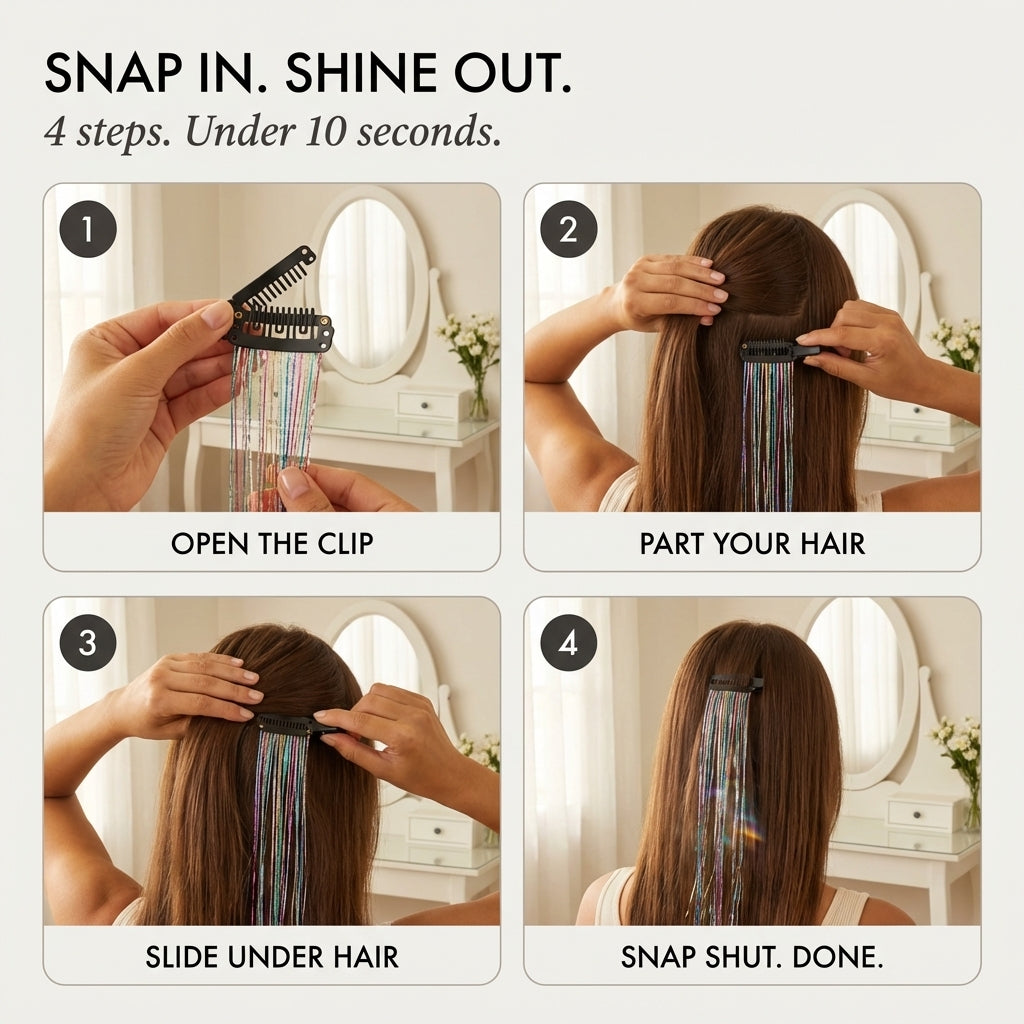 Glissen™ – Clip-In Tinsel Hair Extensions | Heat-Resistant | Reusable + 1+1 FREE