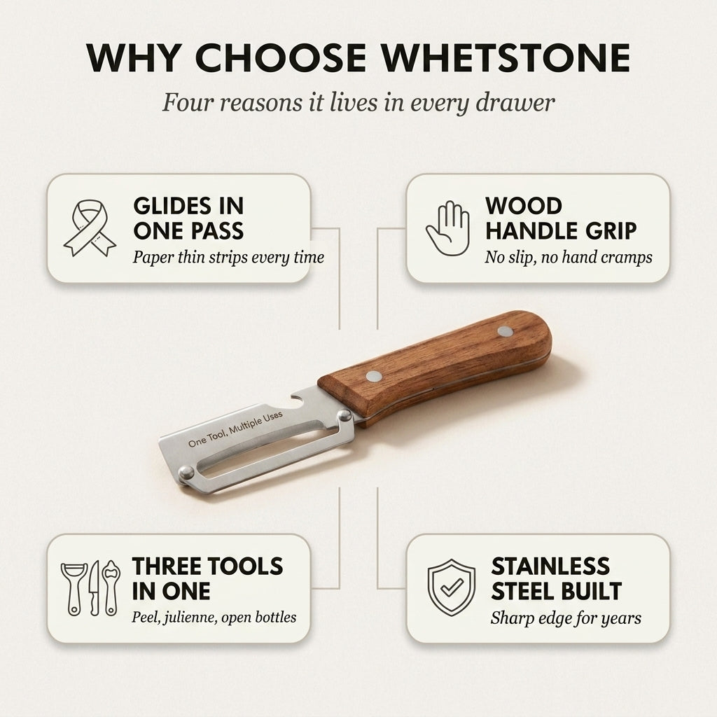 Whetstone™ – Stainless Steel Multi-Use Peeler with Wooden Handle &amp; Built-In Bottle Opener + 50% OFF