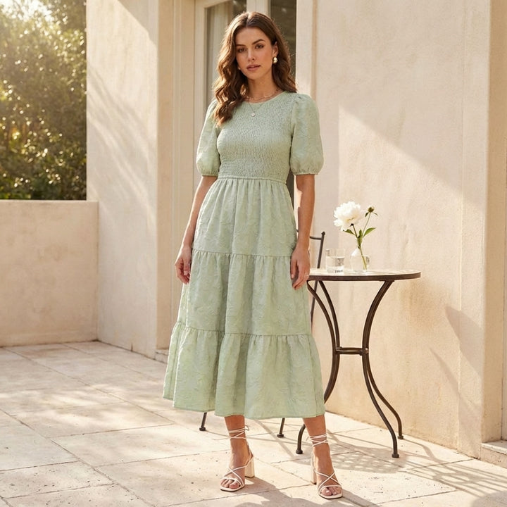 Gossamer™ – Smocked Puff Sleeve Tiered Midi Dress + 50% OFF