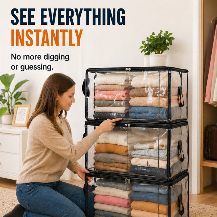 ClearNest™ – Heavy-Duty Clear Stackable Storage Bag for Clothes &amp; Moving + 50% OFF