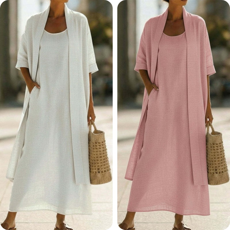 🌿 Ett set bestående av en bomulls- och linneklänning och en överdel som kombinerar elegans och modern stil