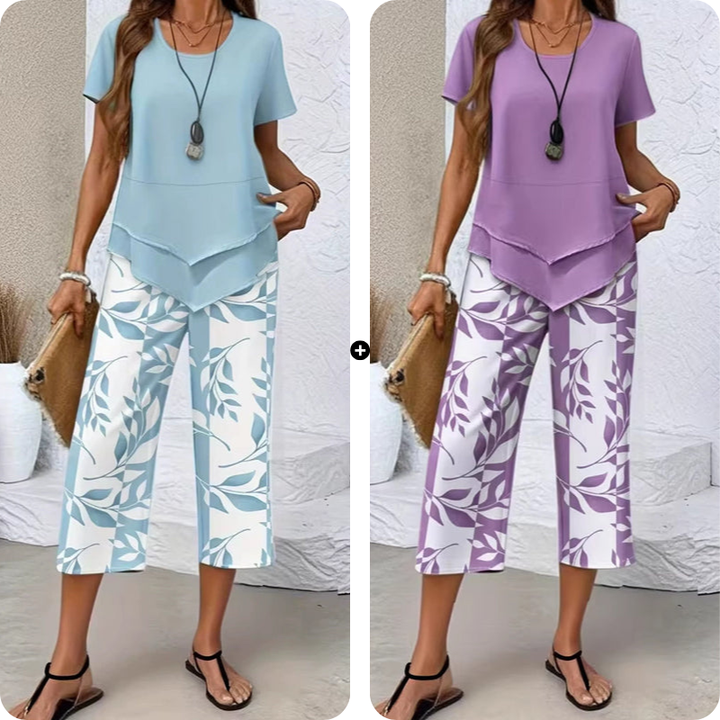 Olivelle™ – Layered Asymmetric Tunic &amp; Leaf-Print Capri Set + 50% OFF