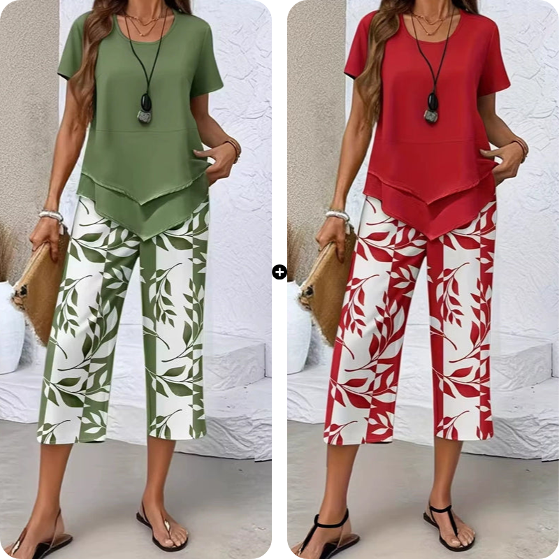 Olivelle™ – Layered Asymmetric Tunic &amp; Leaf-Print Capri Set + 50% OFF