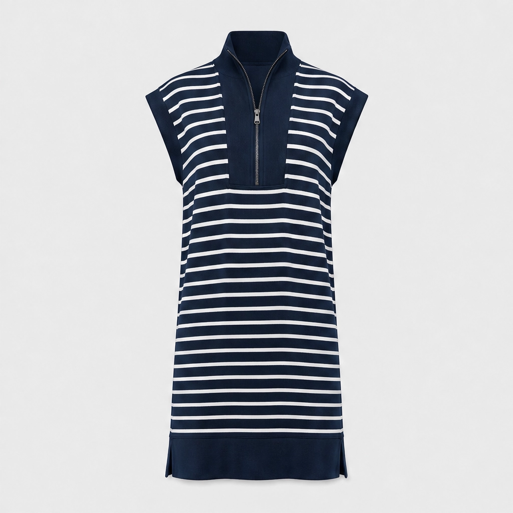 Belmare™ – Ribbed Knit Half-Zip Striped Cap-Sleeve Mini Dress with Pockets + 50% OFF