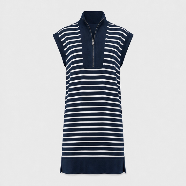 Belmare™ – Ribbed Knit Half-Zip Striped Cap-Sleeve Mini Dress with Pockets + 50% OFF