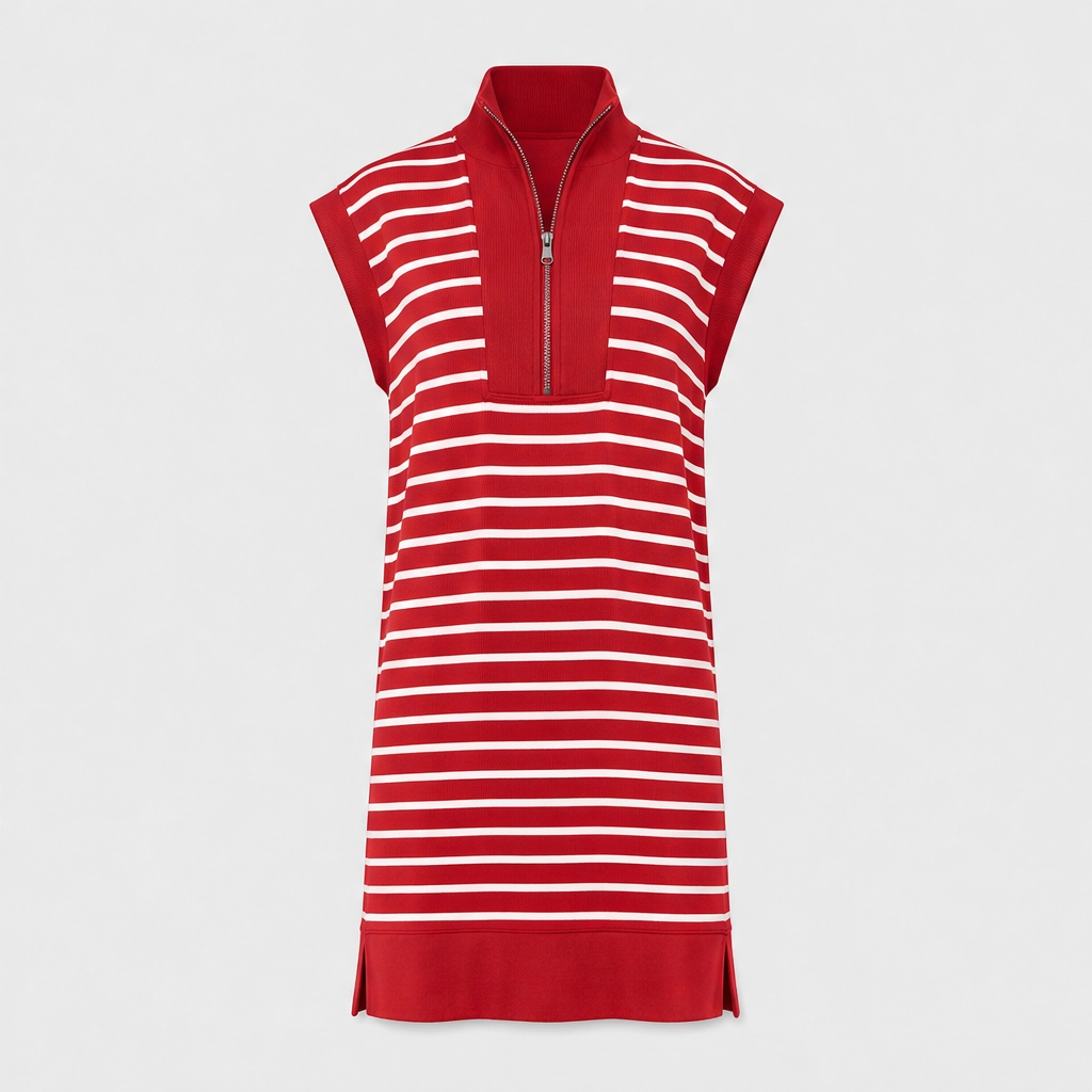Belmare™ – Ribbed Knit Half-Zip Striped Cap-Sleeve Mini Dress with Pockets + 50% OFF