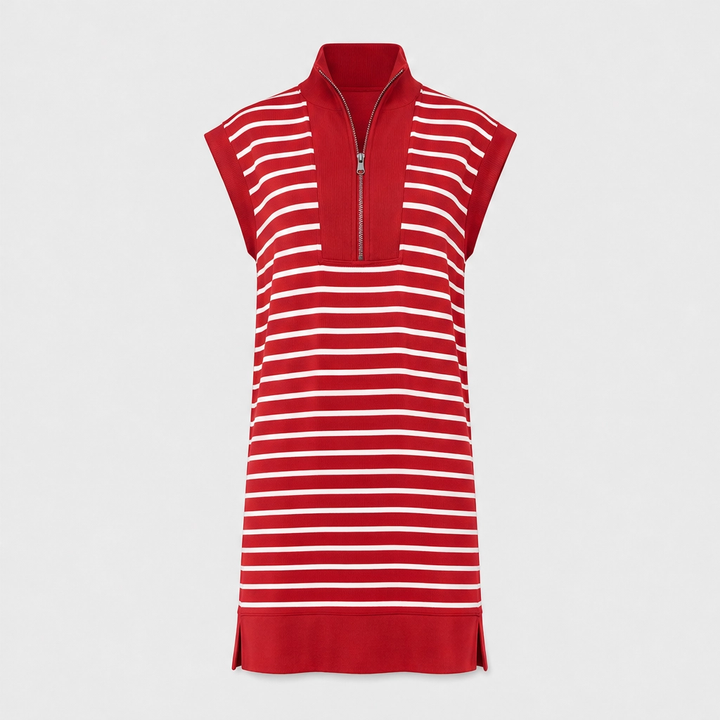 Belmare™ – Ribbed Knit Half-Zip Striped Cap-Sleeve Mini Dress with Pockets + 50% OFF