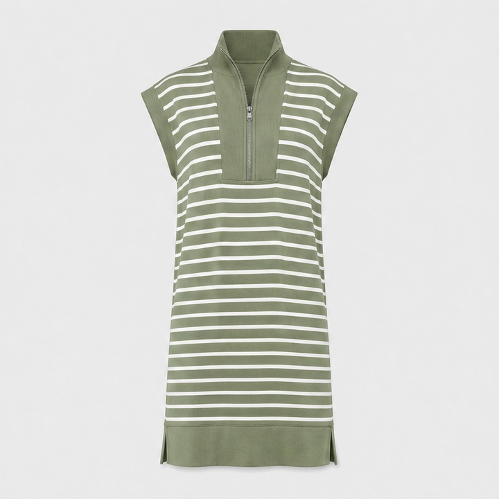 Belmare™ – Ribbed Knit Half-Zip Striped Cap-Sleeve Mini Dress with Pockets + 50% OFF