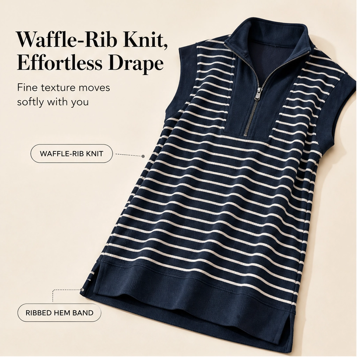Belmare™ – Ribbed Knit Half-Zip Striped Cap-Sleeve Mini Dress with Pockets + 50% OFF