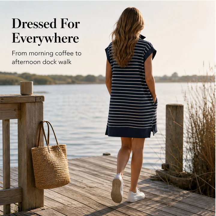 Belmare™ – Ribbed Knit Half-Zip Striped Cap-Sleeve Mini Dress with Pockets + 50% OFF