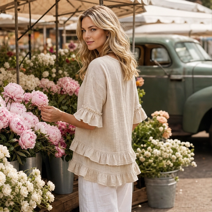 Lirelle – Breathable Linen-Blend V-Neck Ruffle Top + 50% OFF