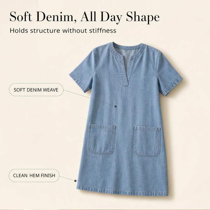 Linwell™ – Softened Denim V-Neck Dress with Flutter Sleeves &amp; Pockets + 50% OFF