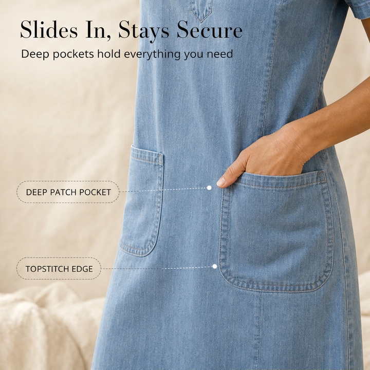 Linwell™ – Softened Denim V-Neck Dress with Flutter Sleeves &amp; Pockets + 50% OFF