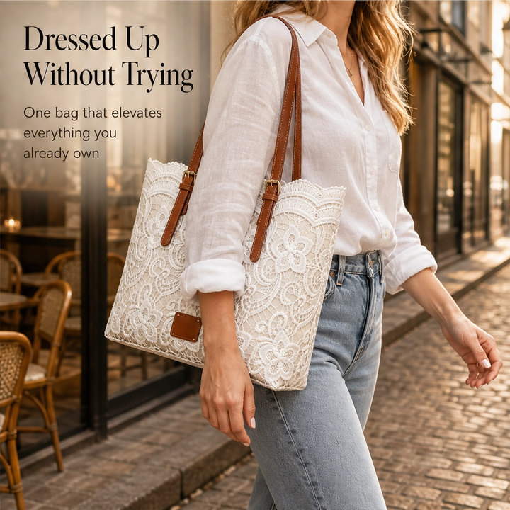 Lacewell™ – Vintage Lace Tote Bag with Leather Straps &amp; Magnetic Snap + 50% OFF