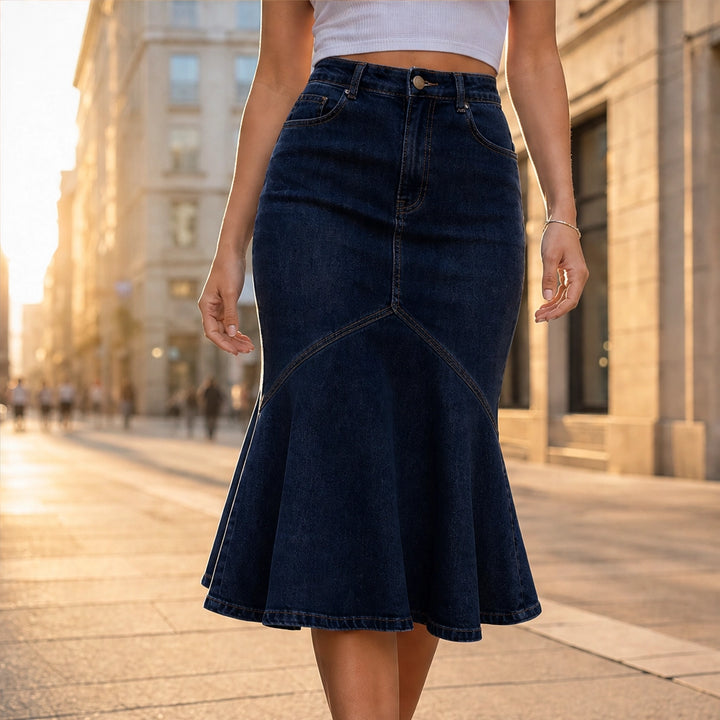 Vesperelle™ – High-Waist Flared Fishtail Denim Midi Skirt + 50% OFF