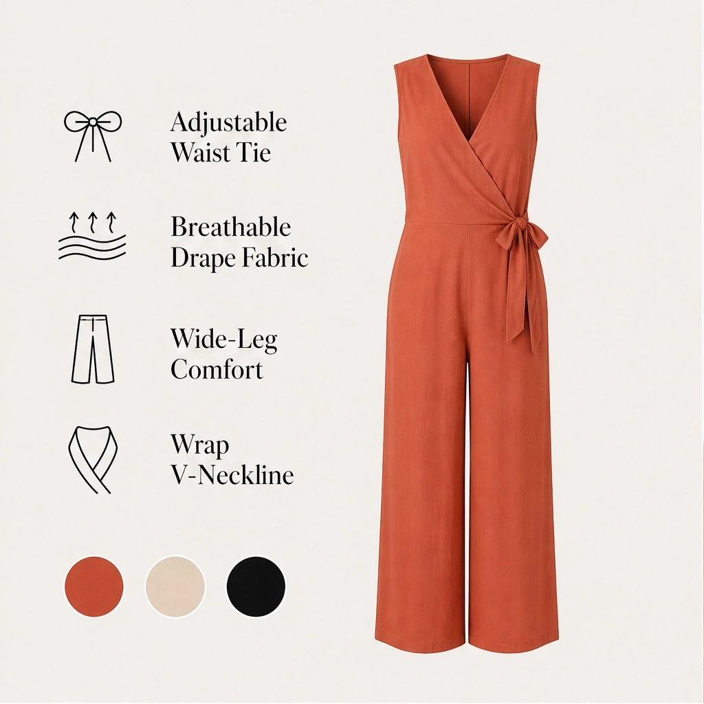 Seralina – V-Neck Knot-Waist Wide-Leg Jumpsuit + 50% OFF