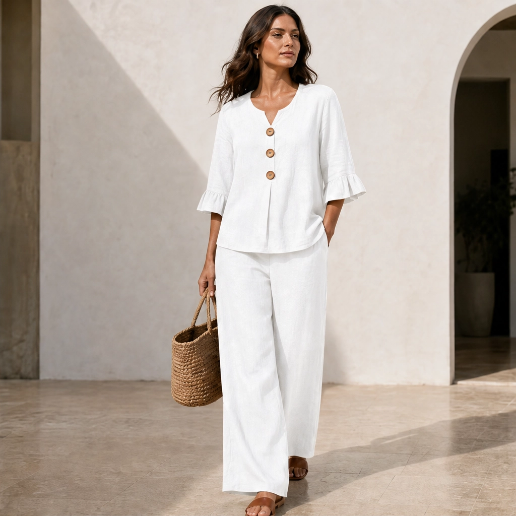 Linvelle – Ruffle-Sleeve Linen-Blend Wide-Leg Lounge Set + 50% OFF