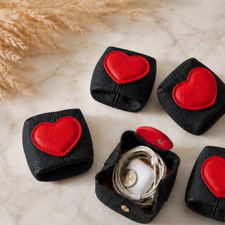 Pebble &amp; Heart – Top-Grain Leather Squeeze-Top Mini Coin Pouch with Heart Detail + 1+1 FREE