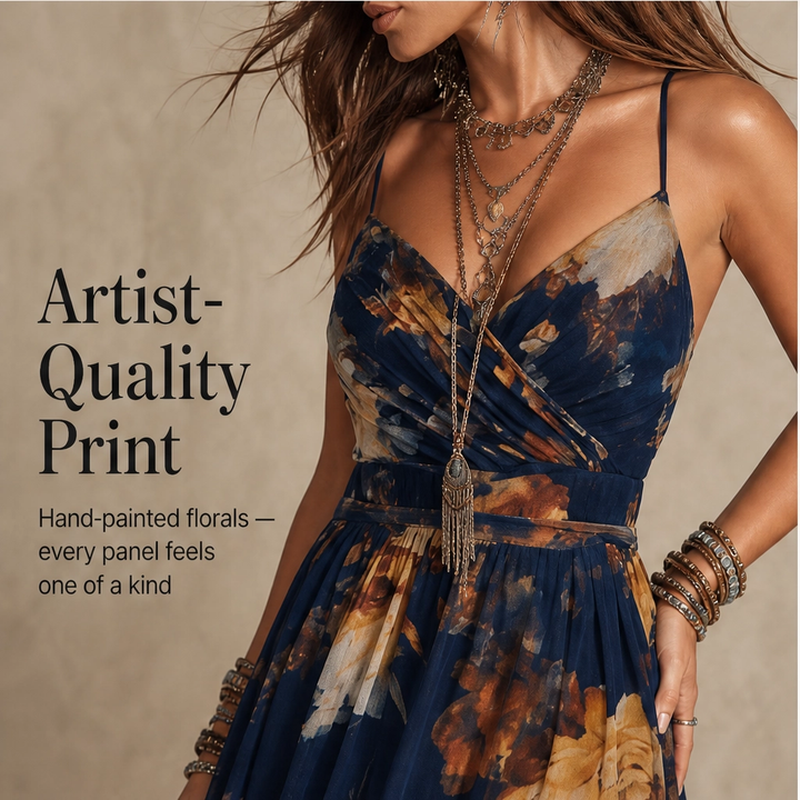 Fleurisse – Lined Oil-Painting Floral Chiffon Spaghetti-Strap Maxi Dress + 50% OFF