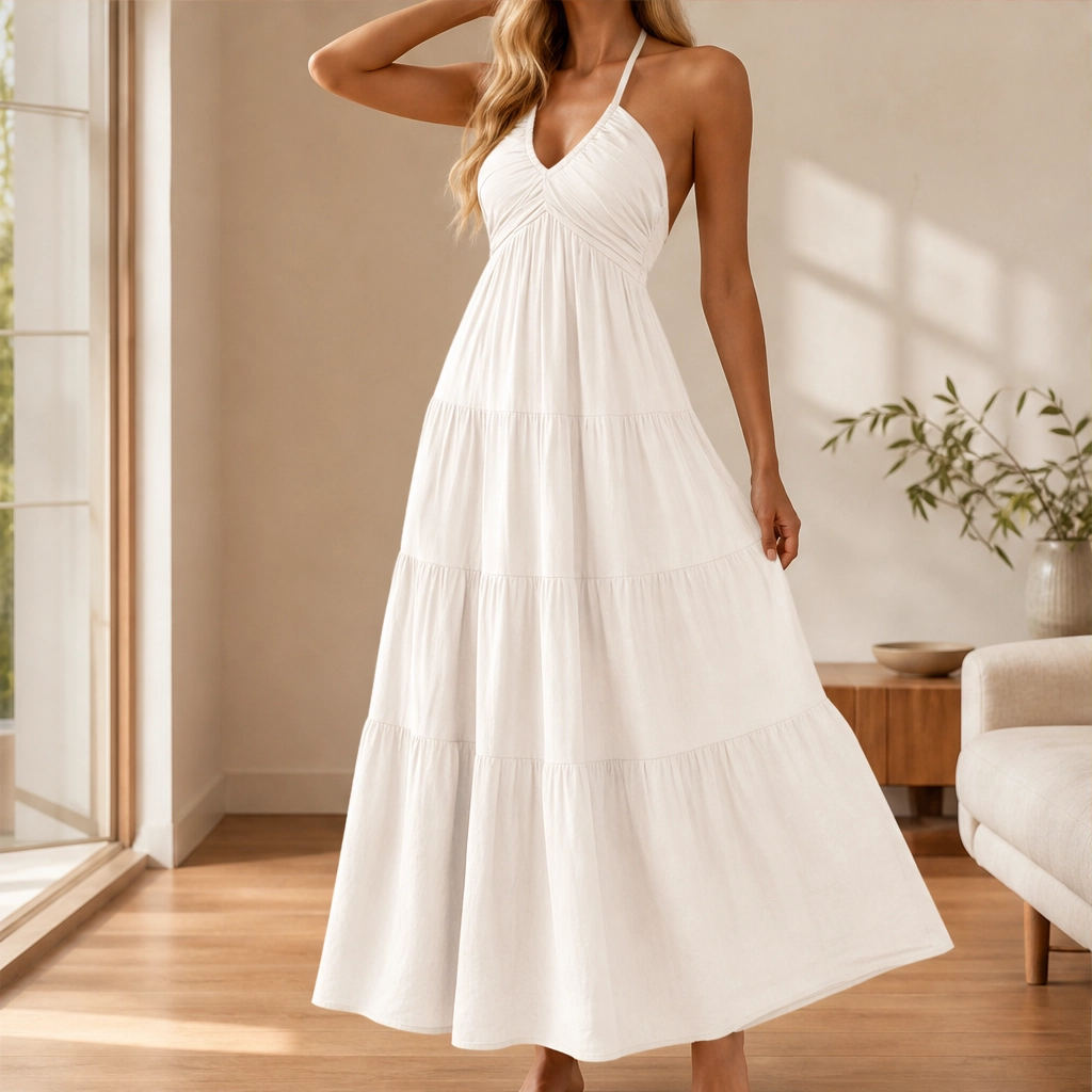 Sundara™ – Flowing Halter Backless Tiered Resort Maxi Dress + 50% OFF