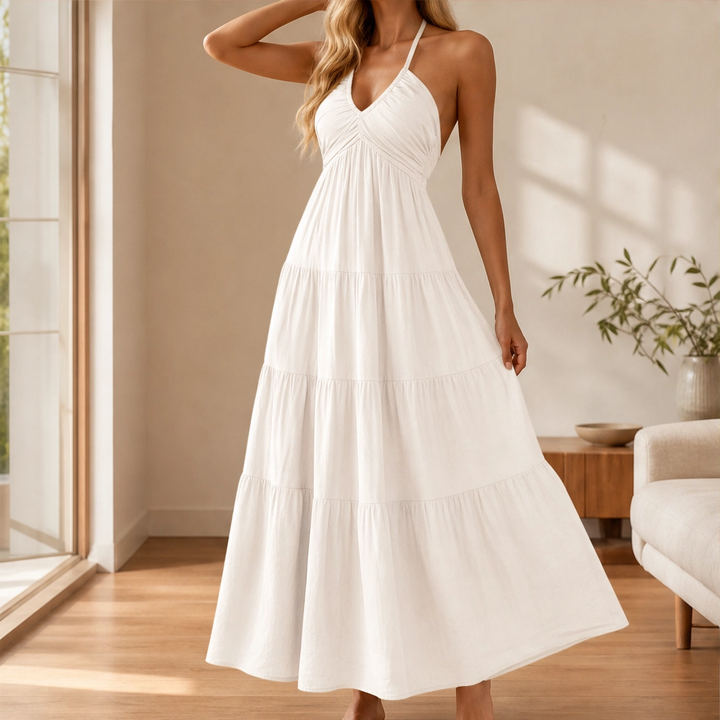 Sundara™ – Flowing Halter Backless Tiered Resort Maxi Dress + 50% OFF