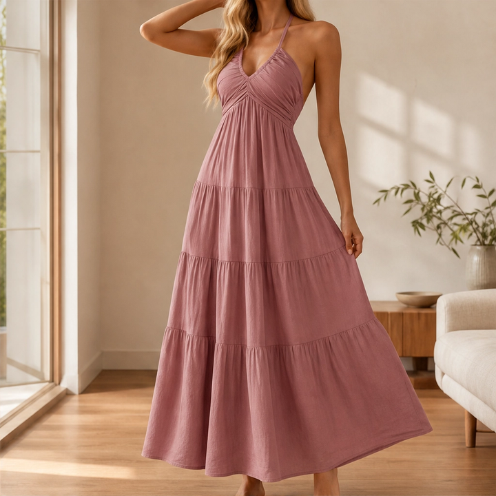 Sundara™ – Flowing Halter Backless Tiered Resort Maxi Dress + 50% OFF