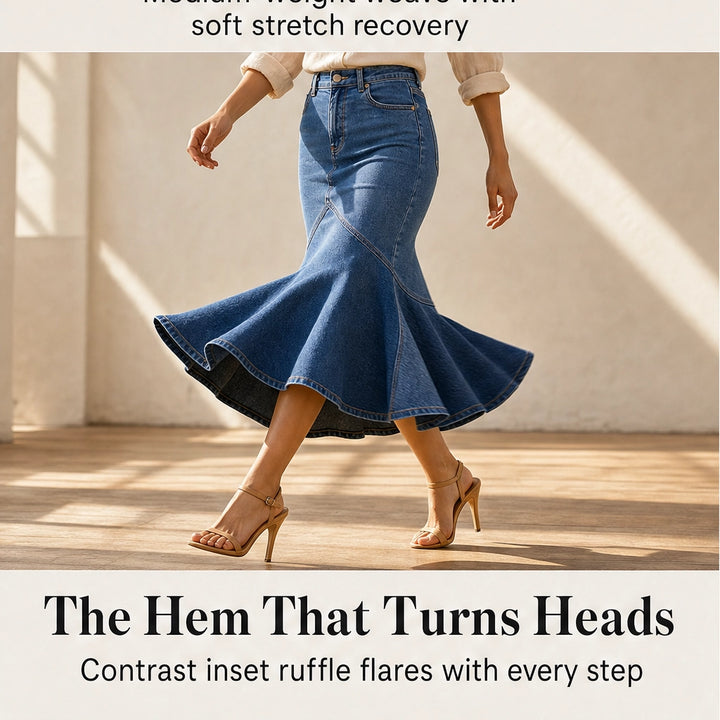 Vesperelle™ – High-Waist Flared Fishtail Denim Midi Skirt + 50% OFF