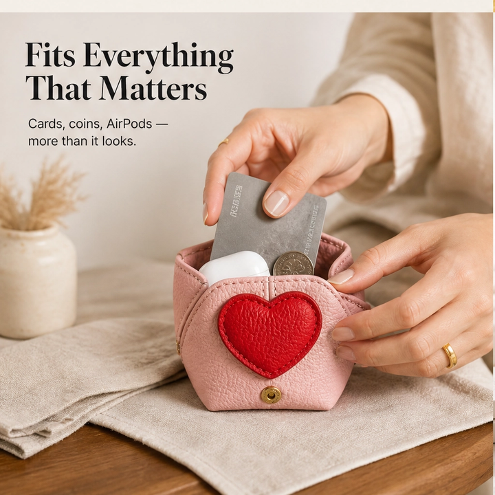 Pebble &amp; Heart – Top-Grain Leather Squeeze-Top Mini Coin Pouch with Heart Detail + 1+1 FREE