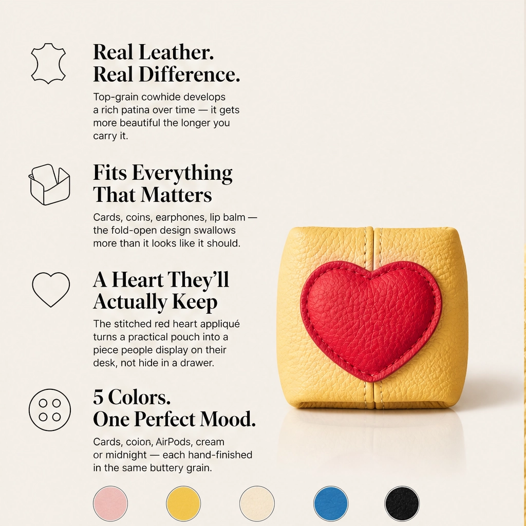 Pebble &amp; Heart – Top-Grain Leather Squeeze-Top Mini Coin Pouch with Heart Detail + 1+1 FREE