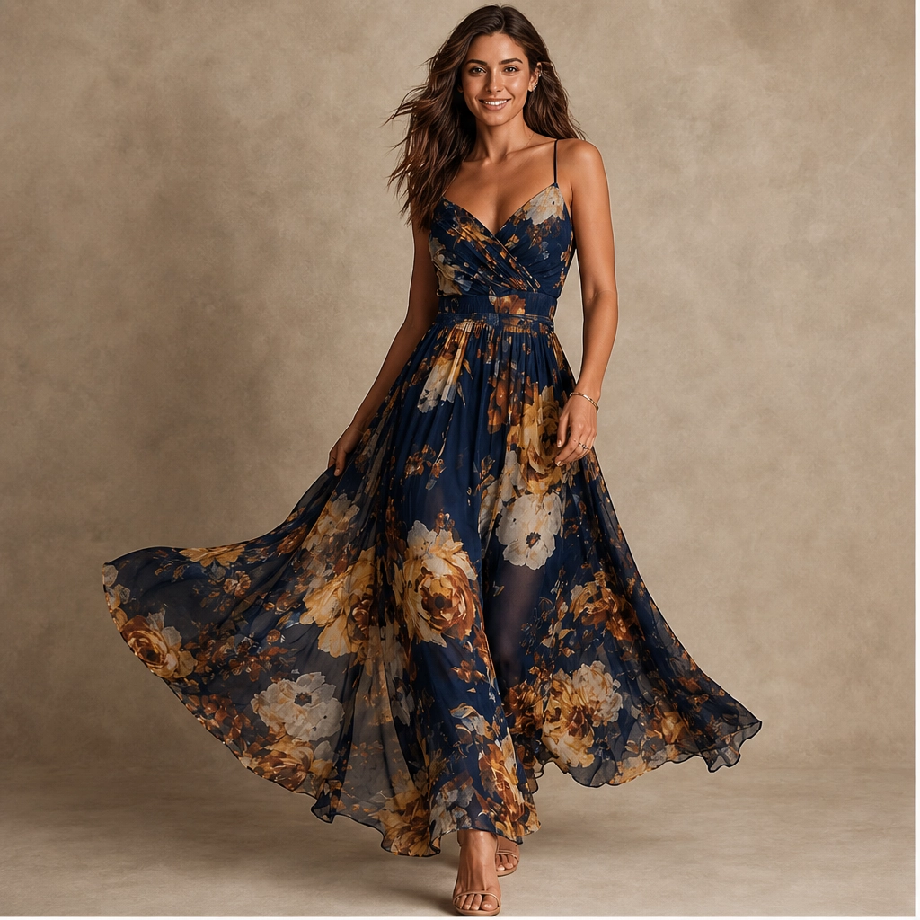Fleurisse – Lined Oil-Painting Floral Chiffon Spaghetti-Strap Maxi Dress + 50% OFF