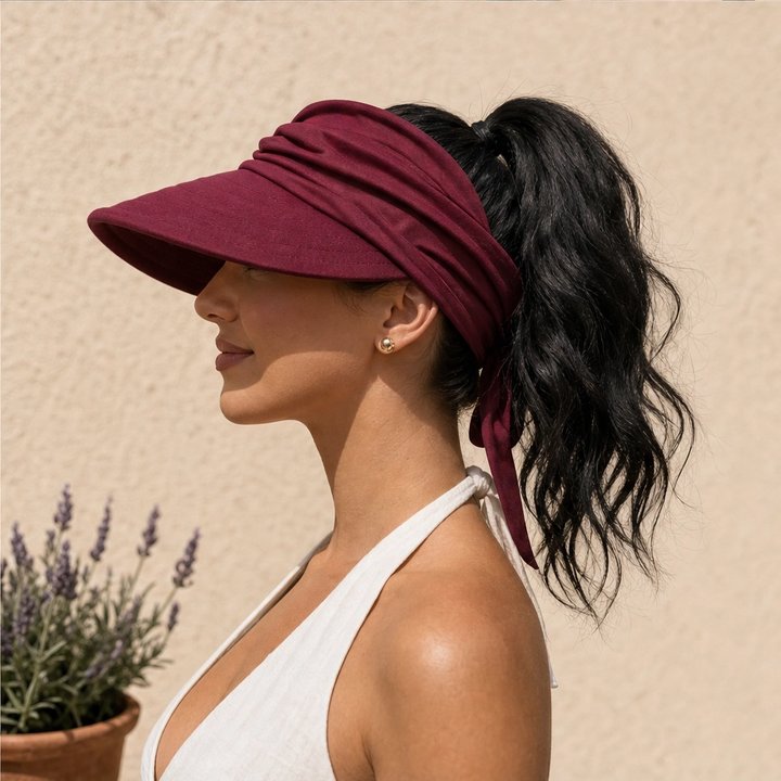 Solene™ – UPF 50+ Wide-Brim Scarf-Wrap Ponytail Sun Visor + 50% OFF