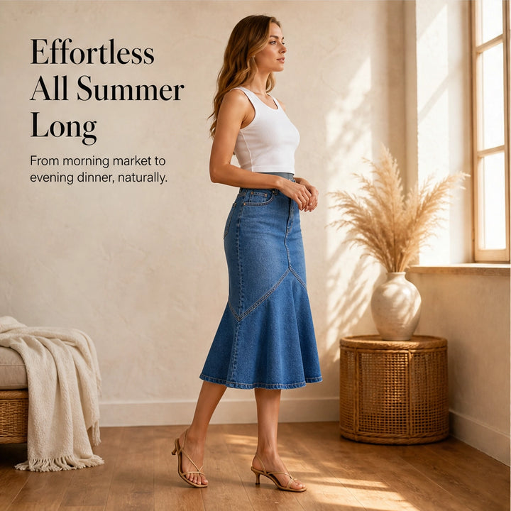 Vesperelle™ – High-Waist Flared Fishtail Denim Midi Skirt + 50% OFF