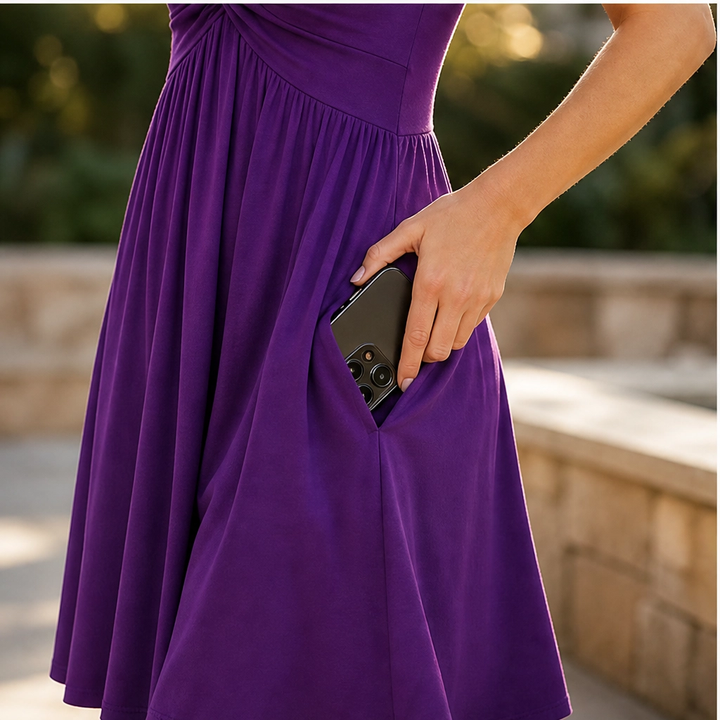 Velora™ – Twist-Front V-Neck Flowy Dress with Hidden Pockets + 50% OFF