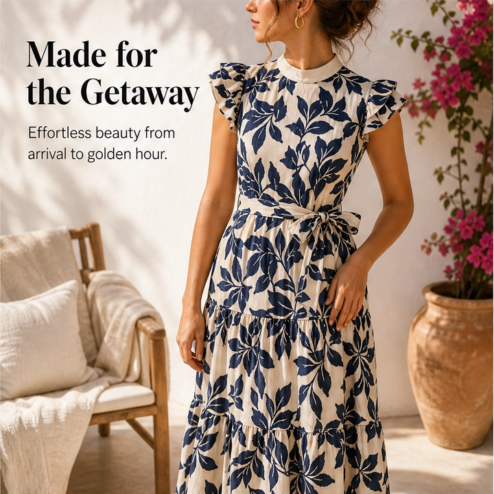 Solenne – Flutter Sleeve Tie-Waist Floral Tiered Midi Dress + 50% OFF