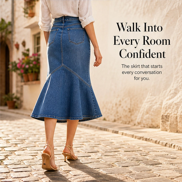 Vesperelle™ – High-Waist Flared Fishtail Denim Midi Skirt + 50% OFF
