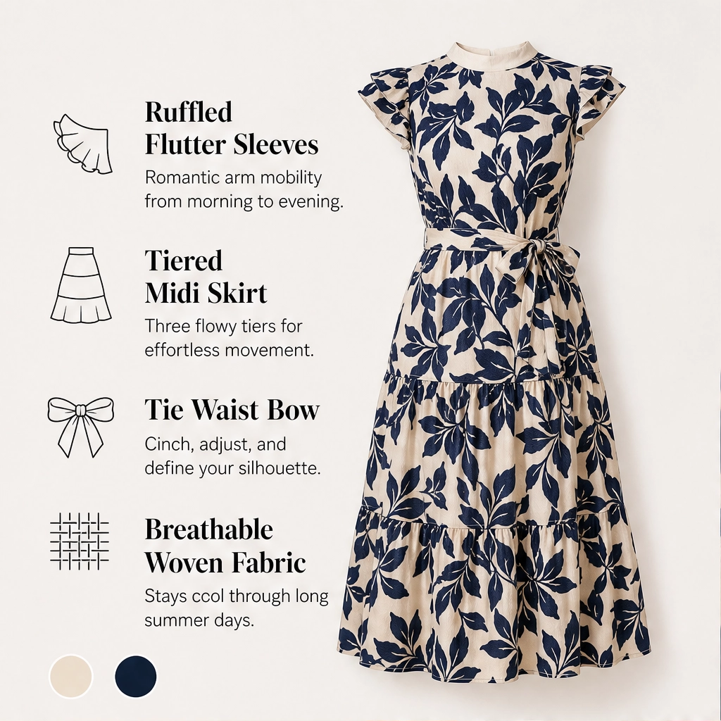 Solenne – Flutter Sleeve Tie-Waist Floral Tiered Midi Dress + 50% OFF