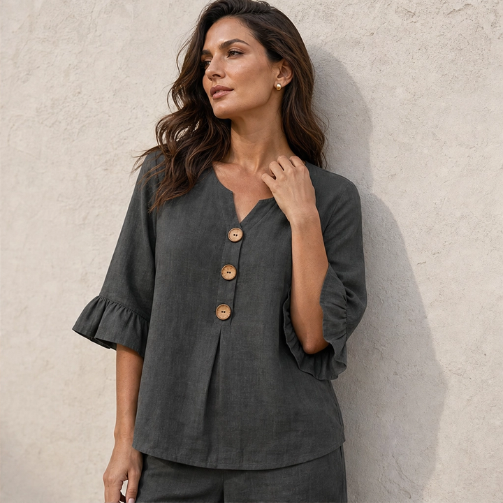 Linvelle – Ruffle-Sleeve Linen-Blend Wide-Leg Lounge Set + 50% OFF