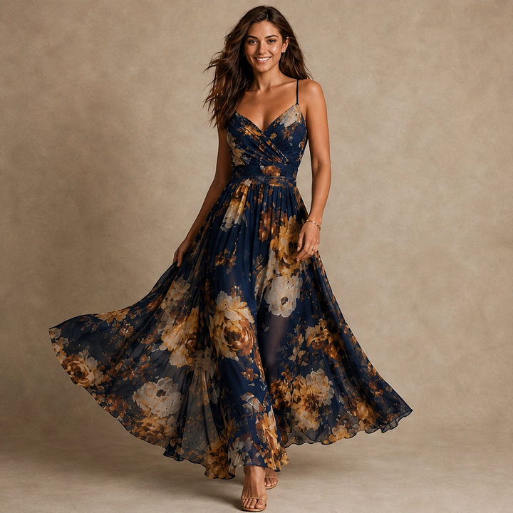 Fleurisse – Lined Oil-Painting Floral Chiffon Spaghetti-Strap Maxi Dress + 50% OFF