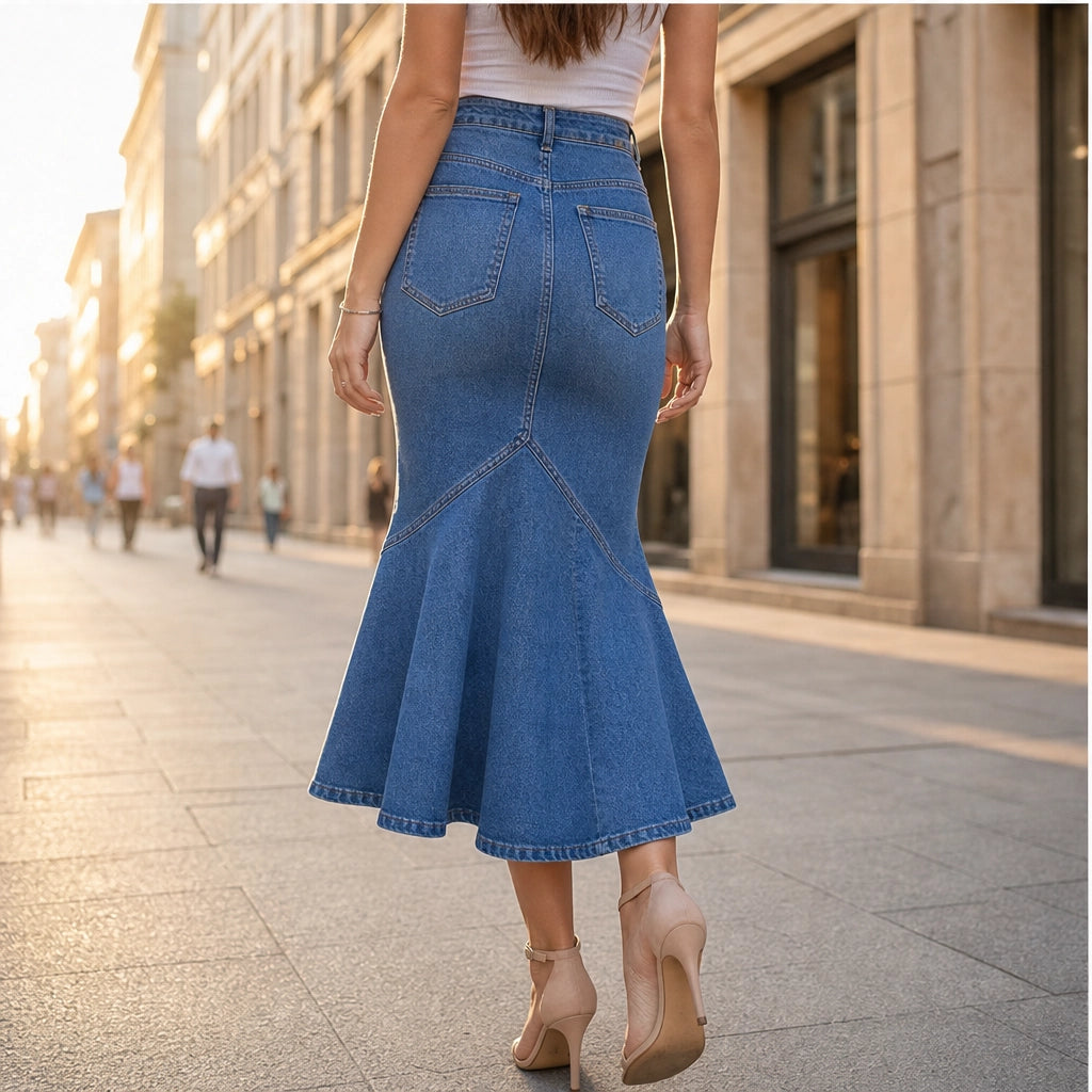 Vesperelle™ – High-Waist Flared Fishtail Denim Midi Skirt + 50% OFF