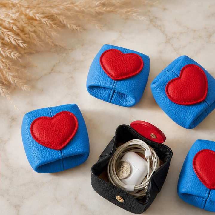 Pebble &amp; Heart – Top-Grain Leather Squeeze-Top Mini Coin Pouch with Heart Detail + 1+1 FREE