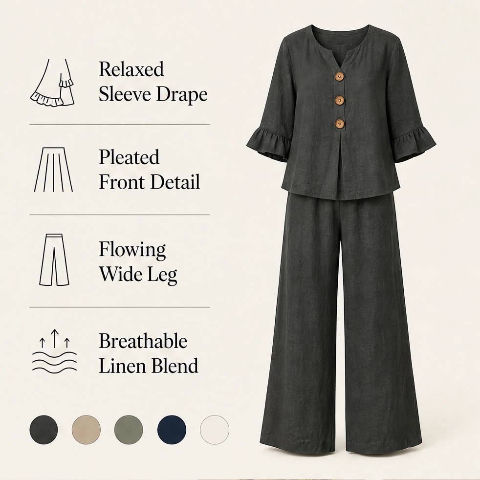 Linvelle – Ruffle-Sleeve Linen-Blend Wide-Leg Lounge Set + 50% OFF